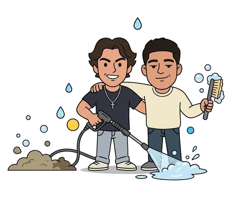 Cartoon of George and Ryan power washing